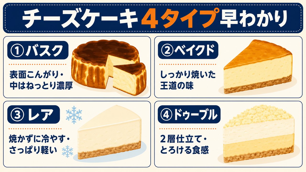 チーズケーキ4タイプの違いをイラストで整理した図解。バスク・ベイクド・レア・ドゥーブル