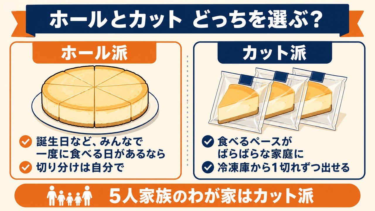 ホールとカットの選び方をイラストで比べた図解。5人家族のわが家はカット派
