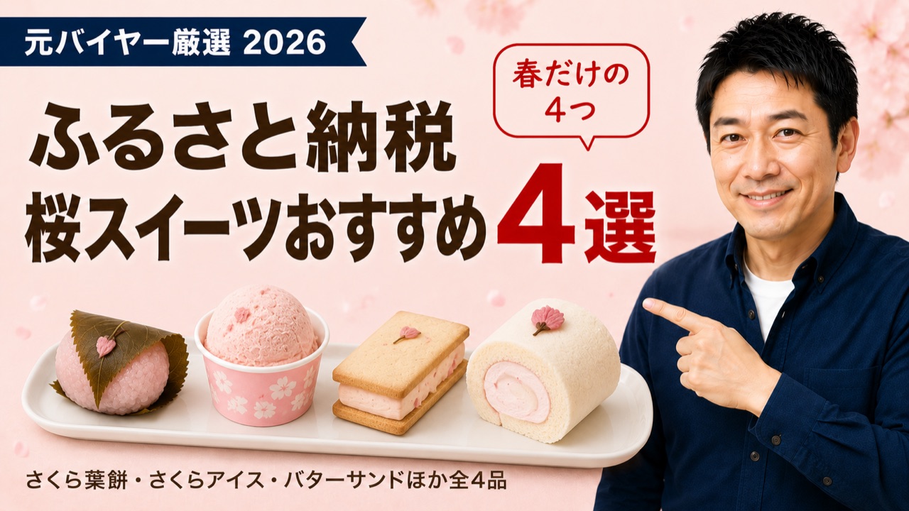 ふるさと納税桜スイーツおすすめ4選のアイキャッチ。さくら葉餅、さくらアイス、バターサンドなど元バイヤー厳選の全4品