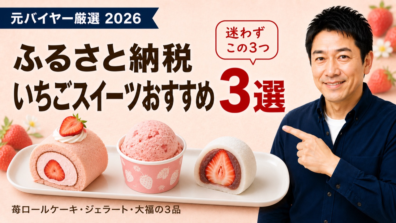 ふるさと納税いちごスイーツおすすめ3選のアイキャッチ。苺ロールケーキ、苺ジェラート、苺大福の3品