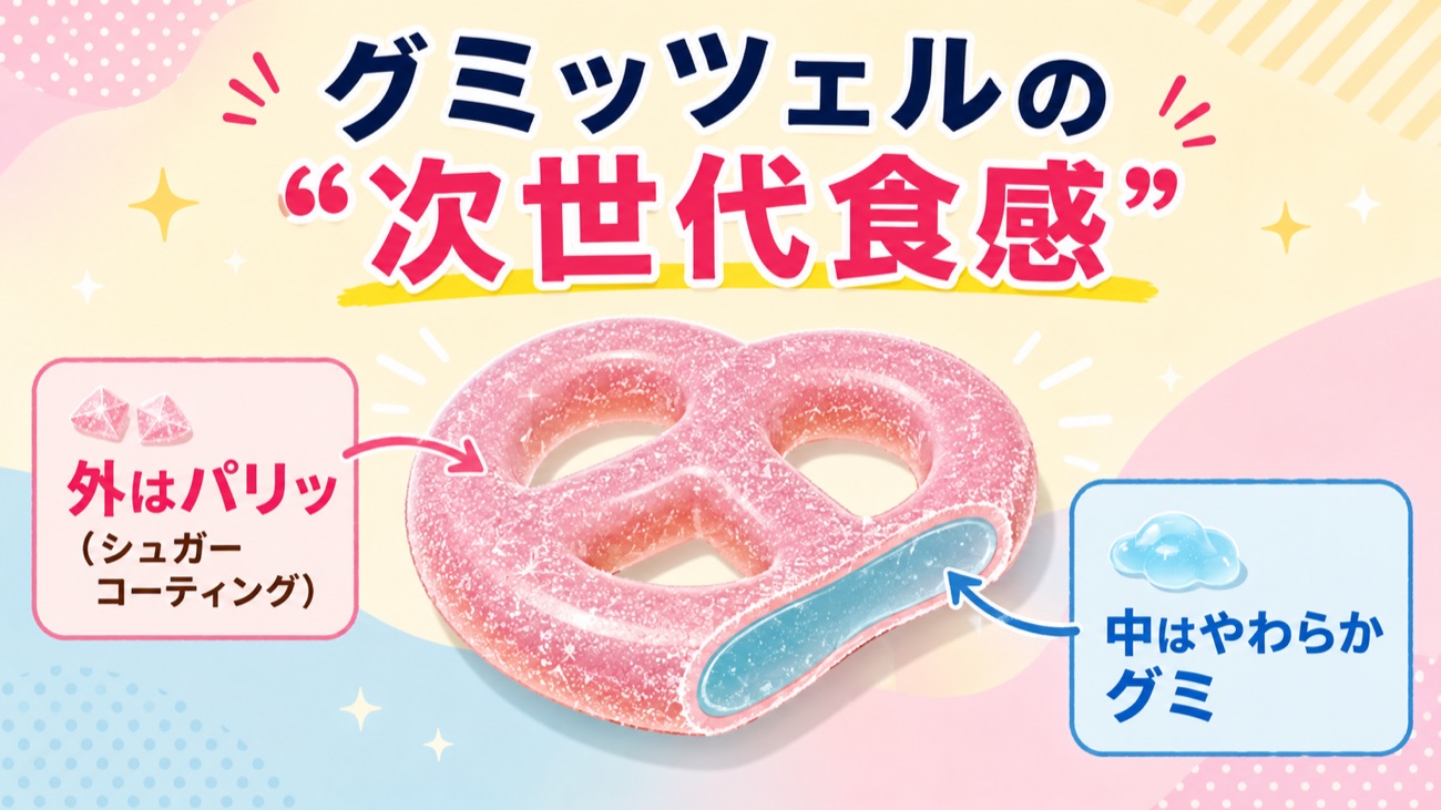 グミッツェルの二層食感の図解（外はパリッ・中はやわらかグミ）※イメージ