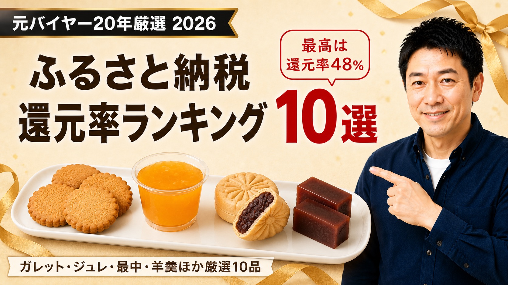 ふるさと納税スイーツ還元率ランキング10選のアイキャッチ（ガレット・ジュレ・最中・羊羹）