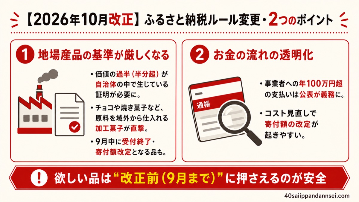 2026年10月のふるさと納税ルール改正の2つのポイント（地場産品基準・お金の流れの透明化）の図解