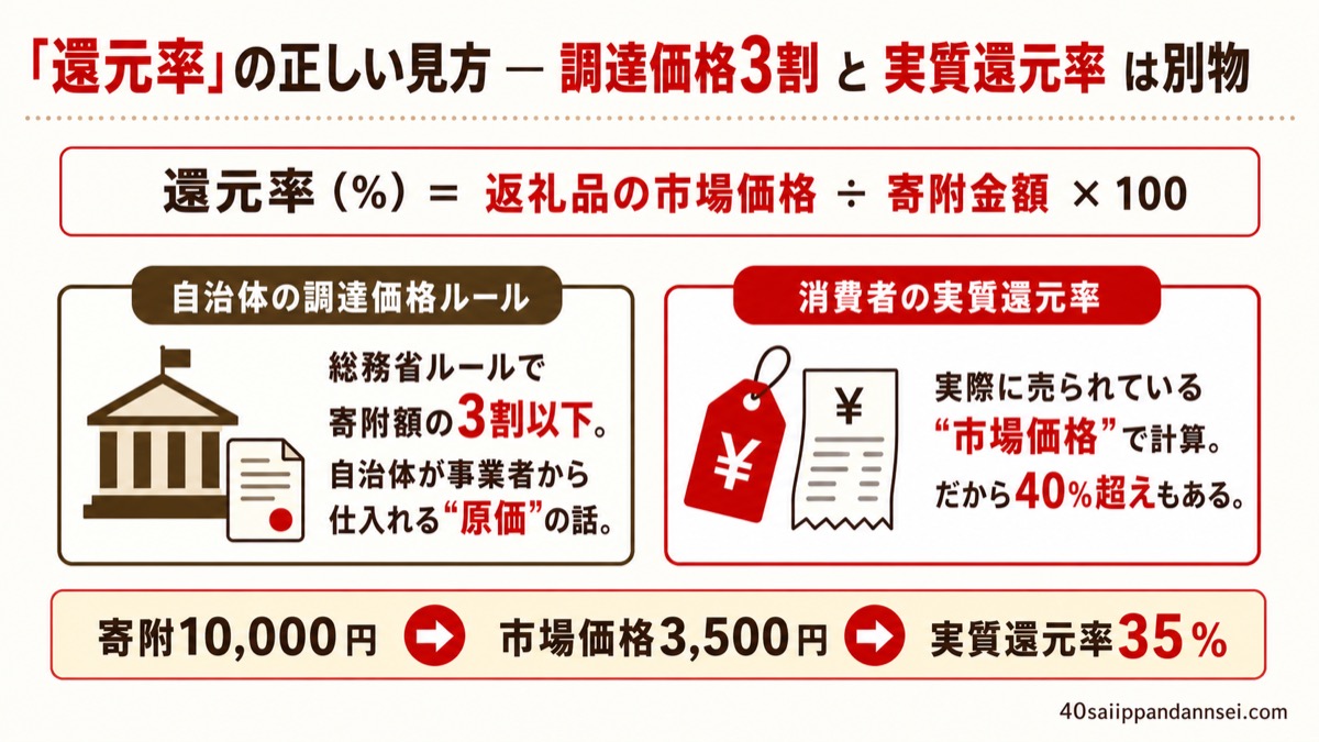 還元率の計算式と、自治体の調達価格3割と実質還元率の違いを示した図解