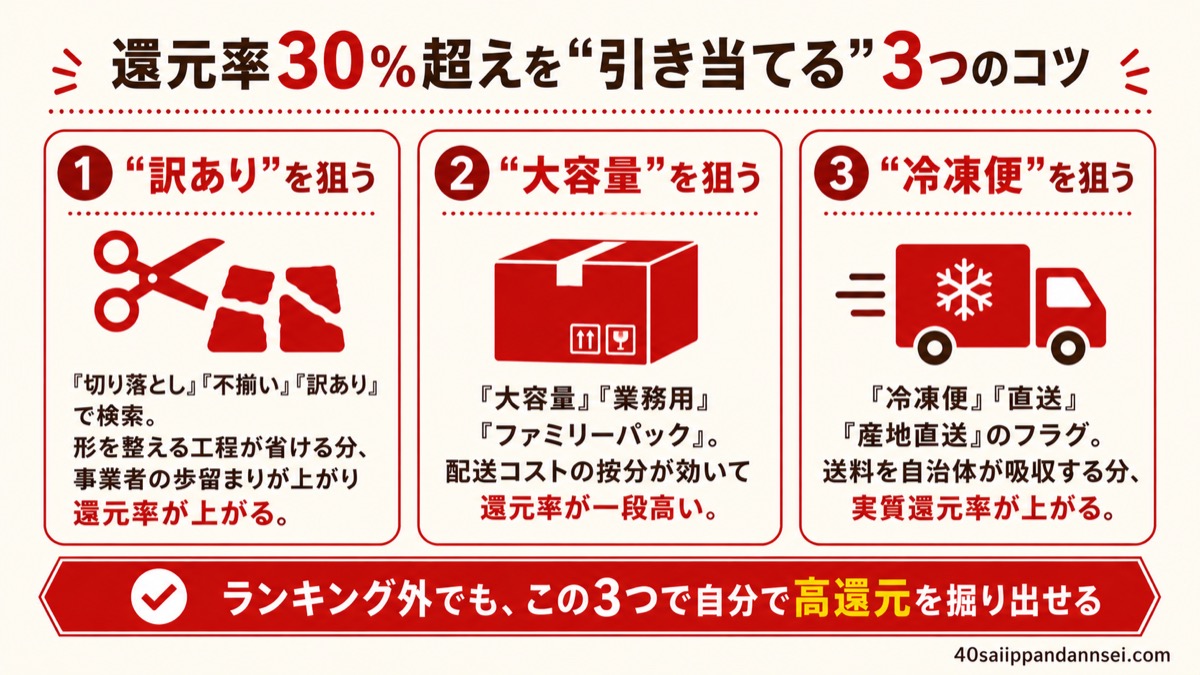 還元率30%超えを引き当てる3つのコツ（訳あり・大容量・冷凍便）の図解