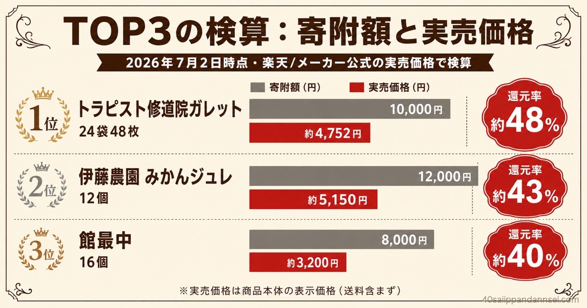 ふるさと納税スイーツTOP3の寄附額と実売価格を比較した検算図。還元率約48%・約43%・約40%