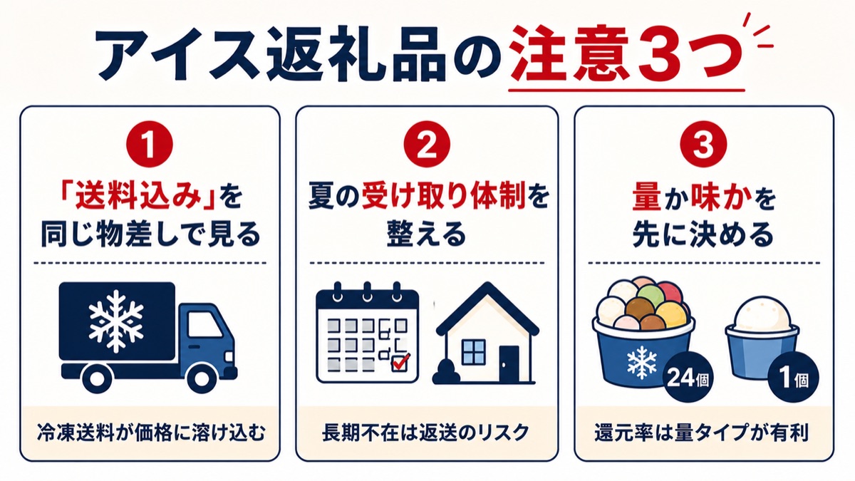 アイス返礼品の注意3つの図解。送料込みを同じ物差しで見る、夏の受け取り体制を整える、量か味かを先に決める