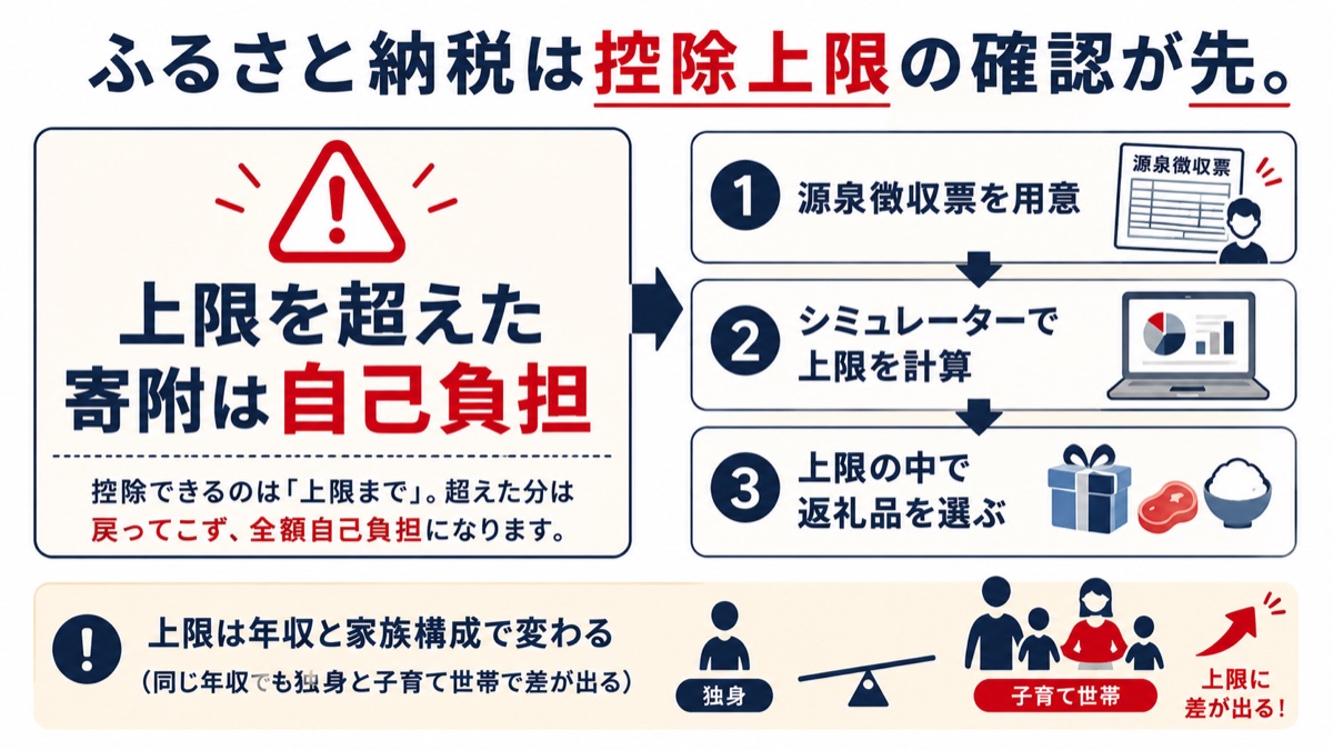 ふるさと納税は控除上限の確認が先。上限を超えた寄附は自己負担。源泉徴収票、シミュレーター、返礼品選びの3ステップ