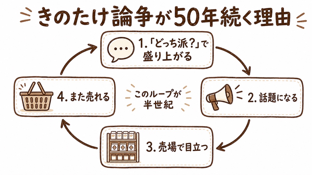 きのたけ論争が50年続く理由のループ図解。どっち派?で盛り上がる→話題になる→売場で目立つ→また売れるの循環が半世紀続いている