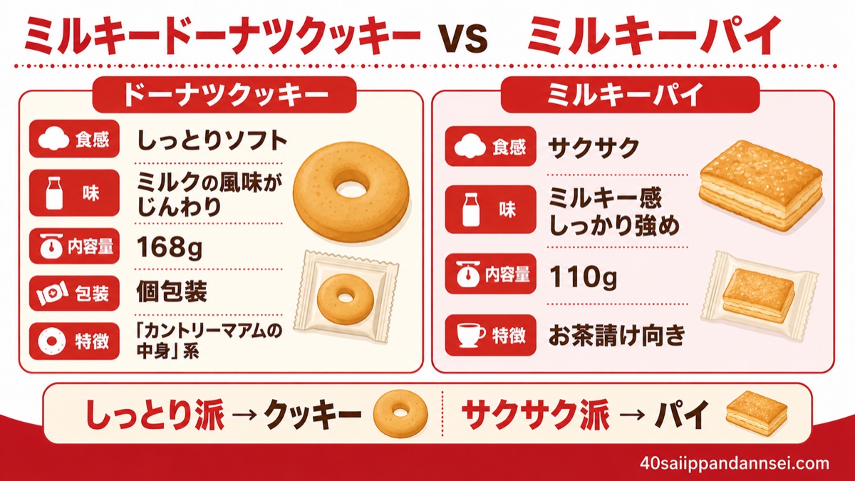 ミルキードーナツクッキーとミルキーパイの違いをまとめた図解。しっとり派はクッキー・サクサク派はパイ