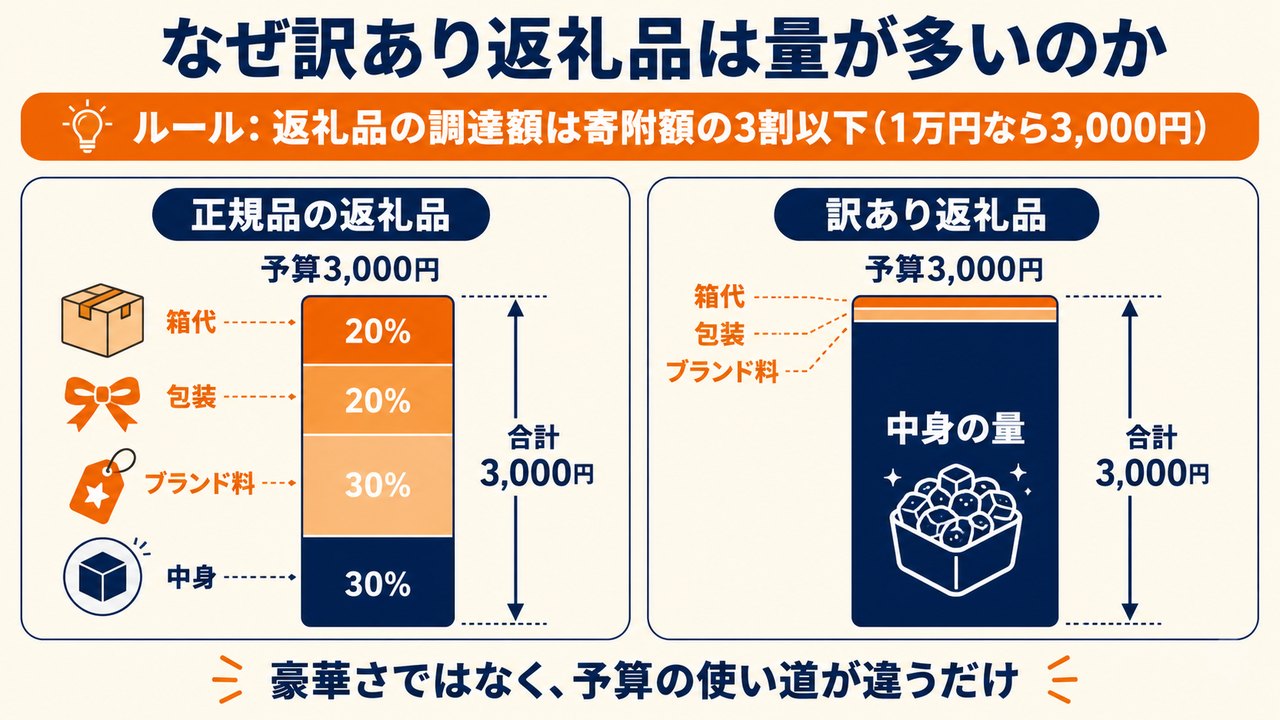 正規品と訳あり返礼品で予算3,000円の使い道を比べた図。訳ありは中身の量に予算を全振りできる