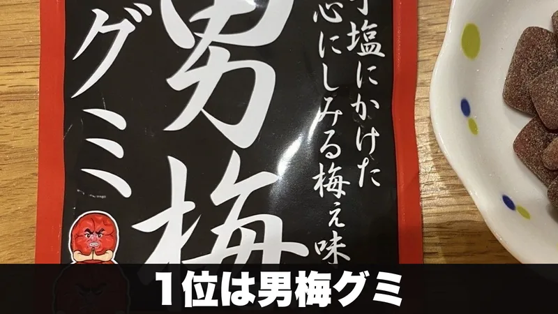 男梅グミの袋と小皿に盛ったグミを並べた様子