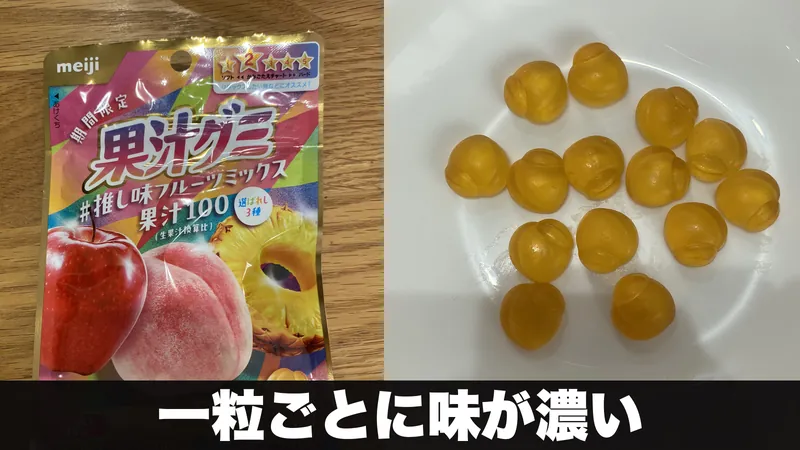 果汁グミ推し味の袋と、小皿に盛った黄色いグミ
